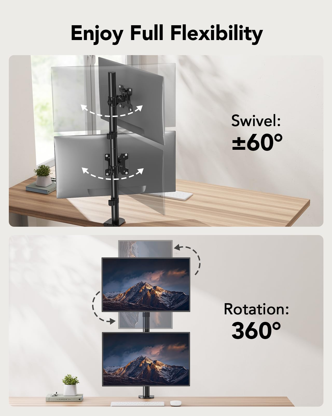 Huanuo Vertical Dual Monitor Mount, Stacked Monitor Stand For 2 Monitors With Height Adjustment Computer Monitor Arm Supports Tw
