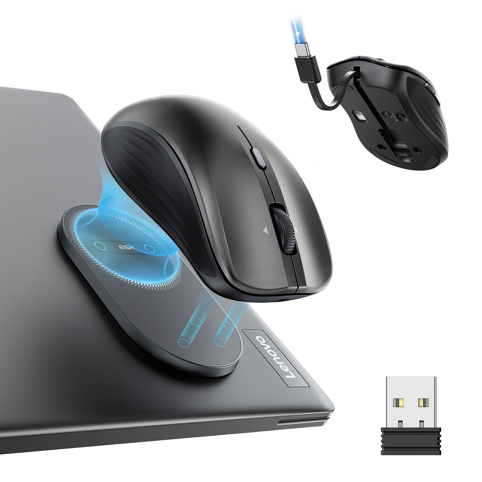 ESR MagMouse Snap-to-Carry Bluetooth Mouse, Rechargeable Wireless Mouse for Laptop with Built-in Charging Cable, Reusable Adhesi