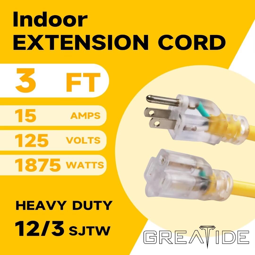 Greatide Indoor Extension Cord With Lighted End, 12 Gauge Heavy Duty Extension Cord 3 Ft, 3 Prong Grounded 15 Amp Extension Cord