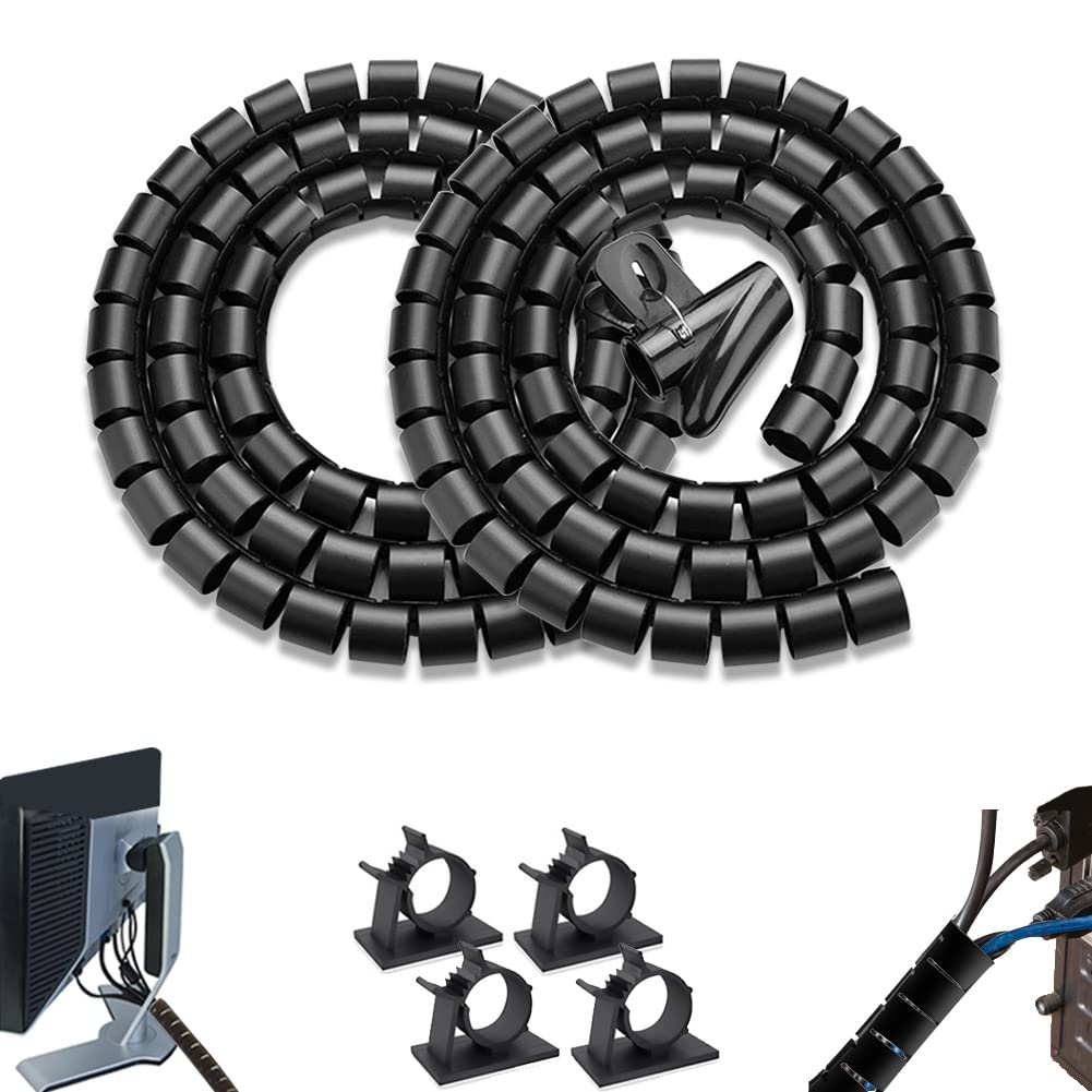 Fanoshon Pc Cable Management Sleeve Tube Desk Cord Organizer 2 Pcs Black, 7/8 Inch  5 Ft Cover Wrap Easy To Install Messy Wire S