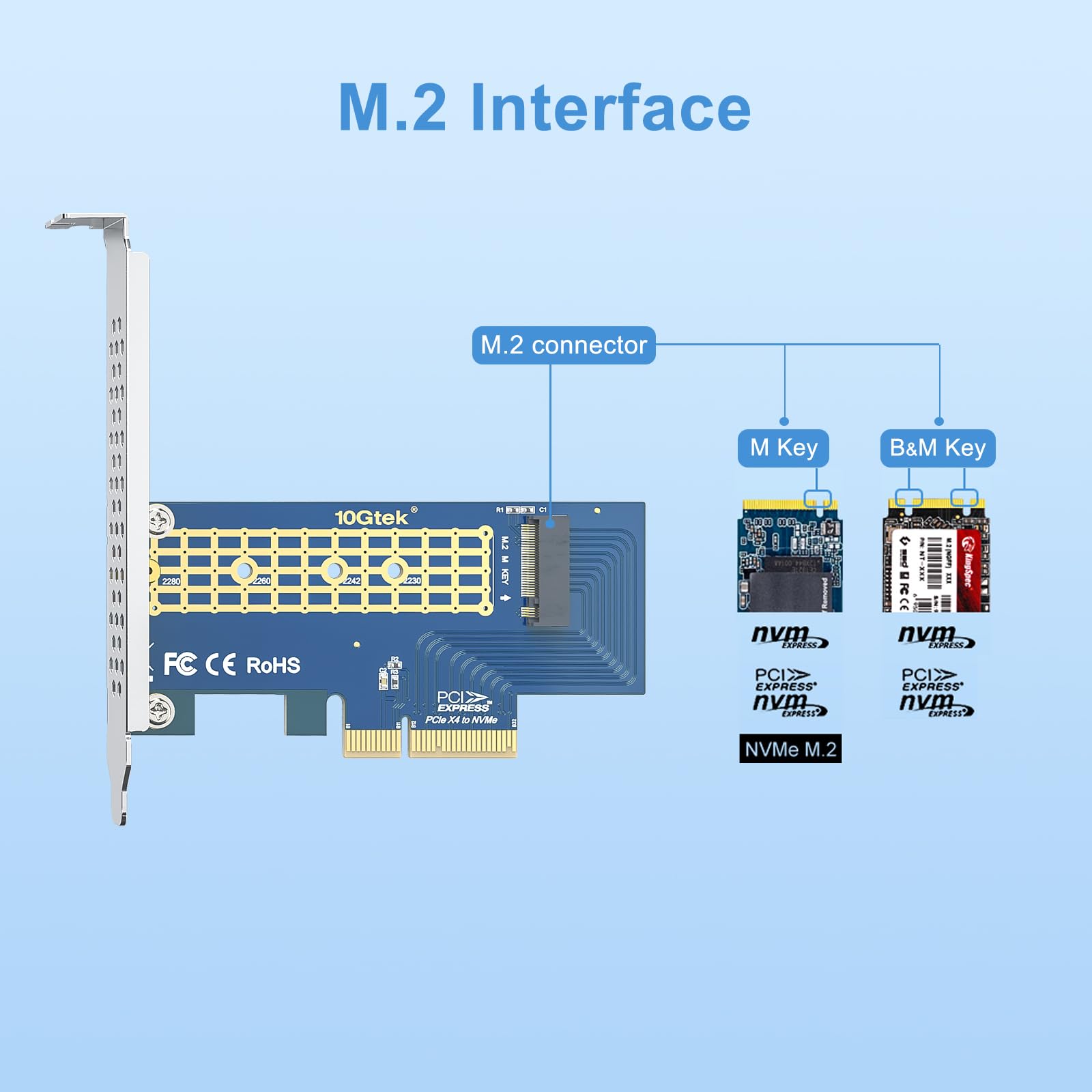 10Gtek M.2 Nvme Pcie 3.0 X4/X8/X16 Adapter Card, M Key Ssd Support, For Desktop & Server