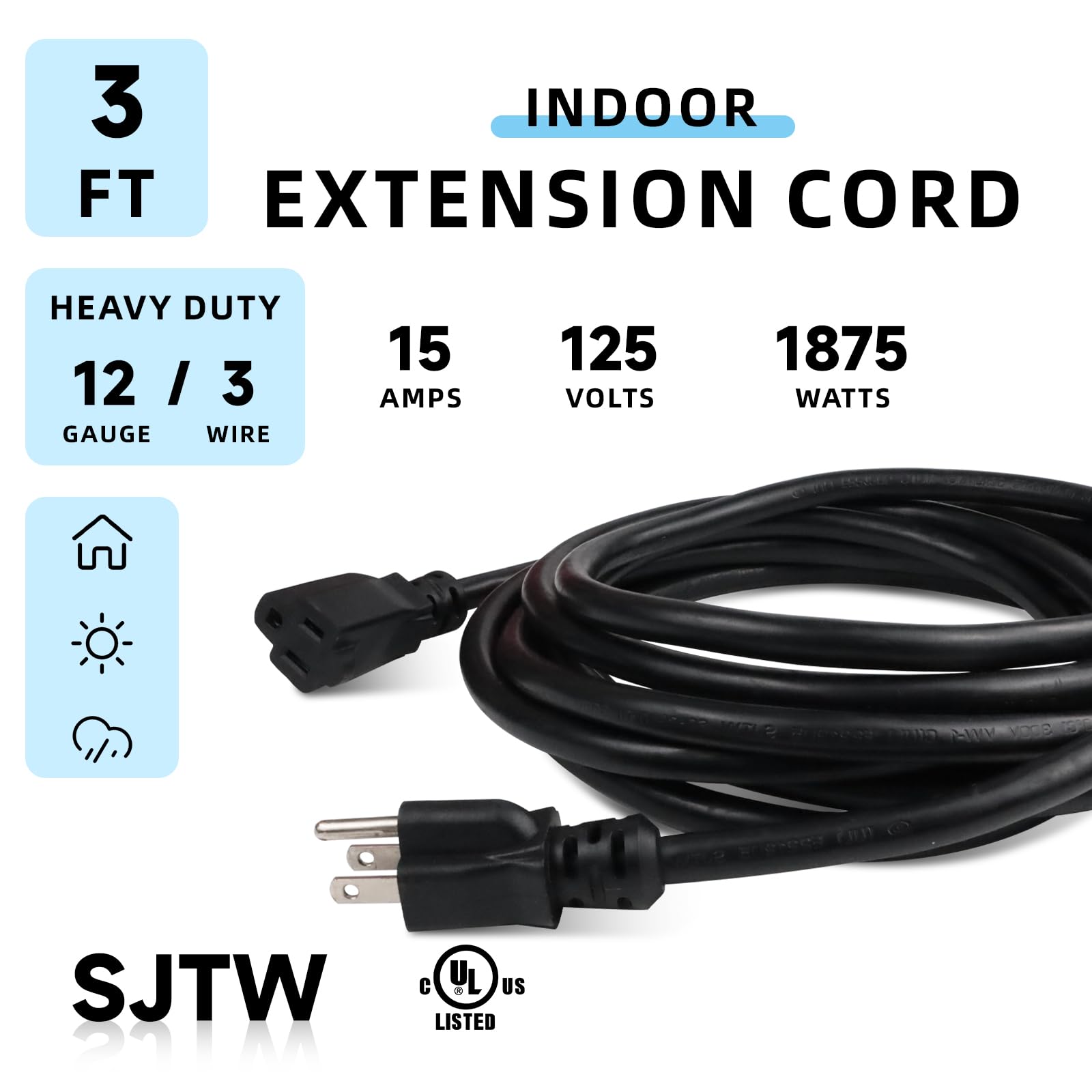 Ep 3 Ft Extension Cord   12/3 Sjtw Heavy Duty Black Extension Cable With 3 Prong Grounded Plug   Power Cord For Lawn, Garden, Ap