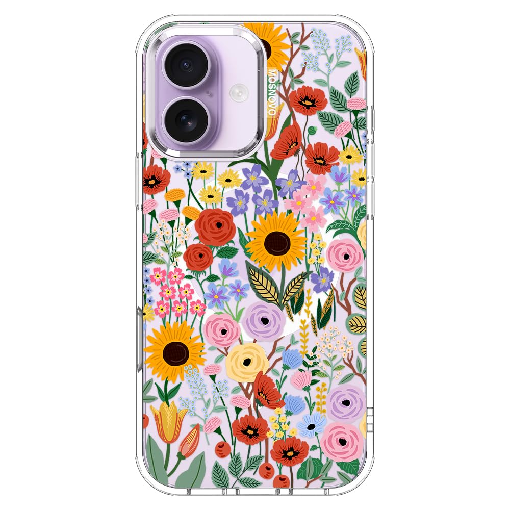 MOSNOVO for iPhone 17 Case | Compatible with Magsafe | Military Grade 6.6ft Drop Tested | Camera Control | Clear with Blossom & 