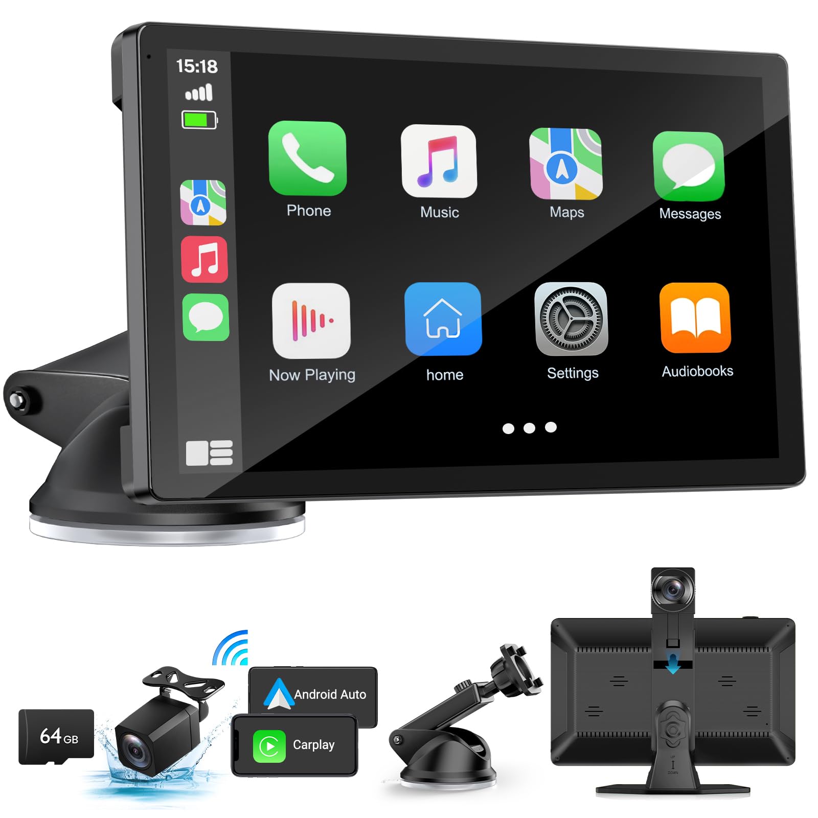 Wireless Carplay Screen for Car with 4K Dash Cam, 9 Portable Carplay & Android Auto, HD Touchscreen with 1080p Backup Camera, GP
