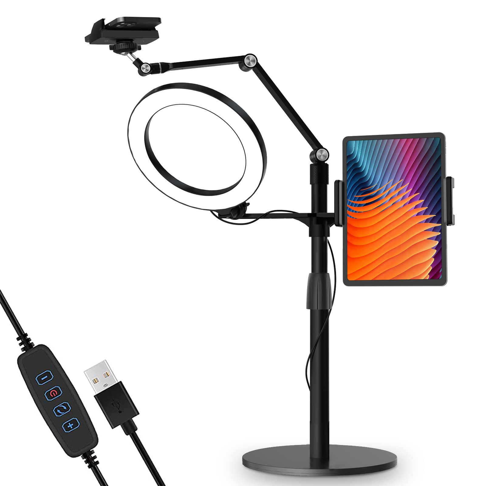 viozon 3 in 1 Selfie Desktop Live Stand, Height Adjustable/Overhead, 8' LED Ring Light, Compatible with 3.5 13' Tablet& Phone, Suitable for YouTube/Tiktok/Recording/Streaming/Online Meeting B