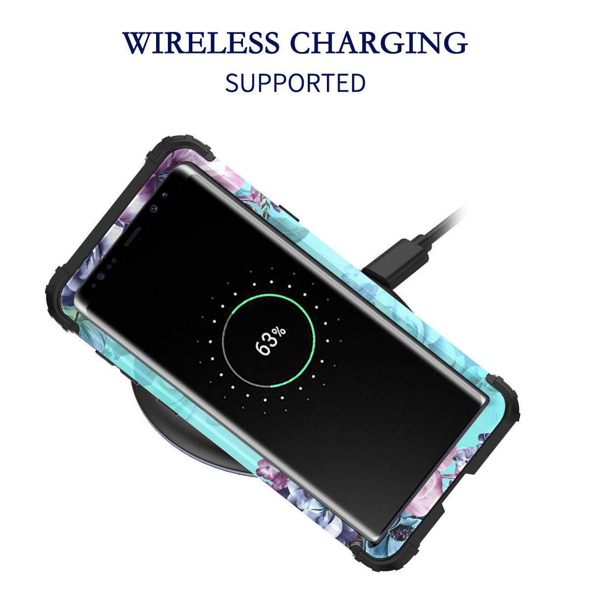 Casetego Compatible With Galaxy Note 9 Case,Floral Three Layer Heavy Duty Sturdy Shockproof Full Body Protective Case For Samsung Galaxy Note 9,Blue Flower