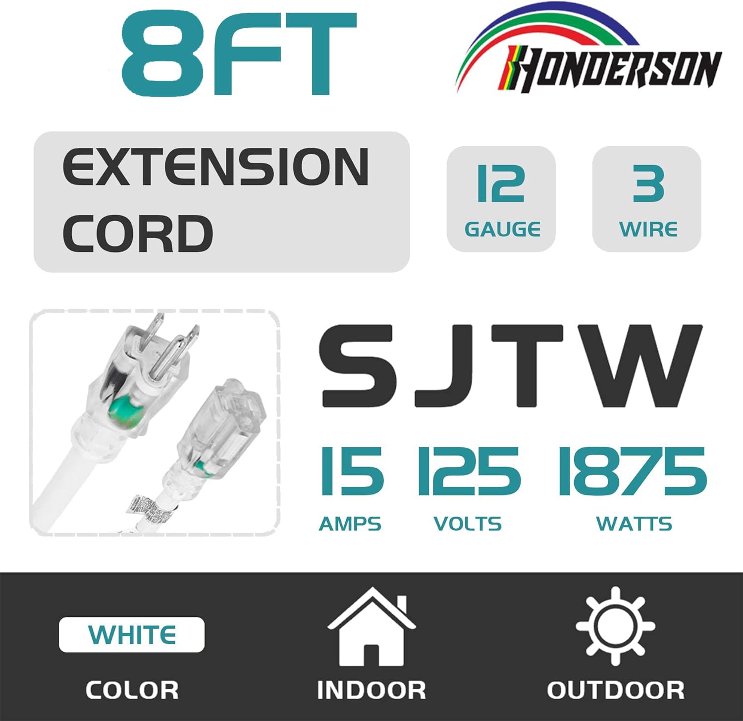 Honderson Indoor Outdoor Extension Cord Weatherproof With Lighted End, Ul Listed, 12 Gauge 8Ft White 3 Prong Heavy Duty Extensio