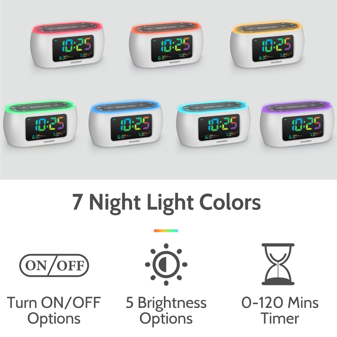 Housbay Glow Small Colorful Alarm Clock Radio With Rainbow Digit, 7 Color Night Light With On/Off Options, Dual Alarm, Dimmer, F