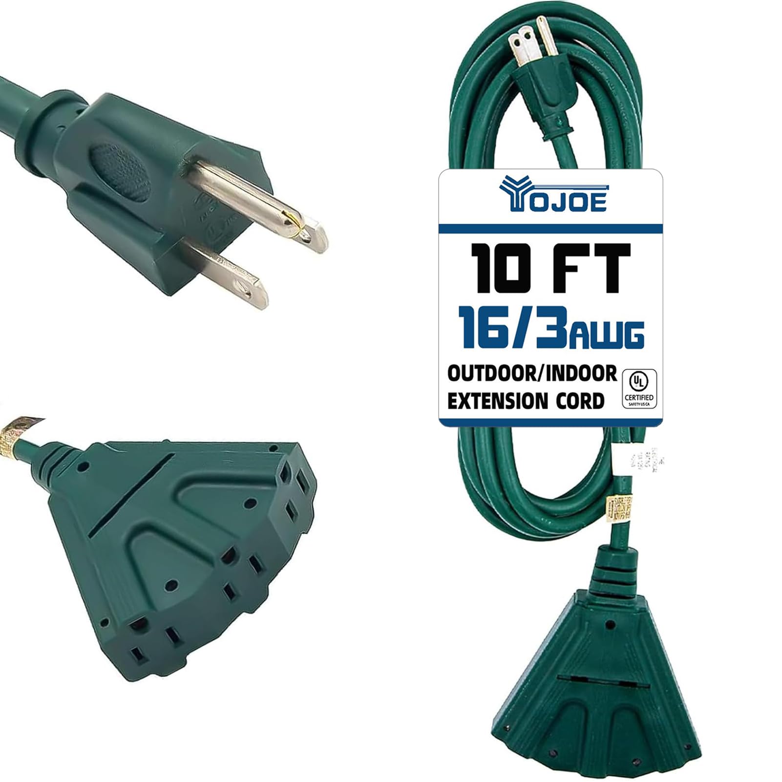 Yojoe 3 Outlet Indoor/Outdoor Extension Cord, 16 Gauge Heavy Duty 10 Ft Green, Ul Listed, 3 Prong 13A Weatherproof Power Cord Fo