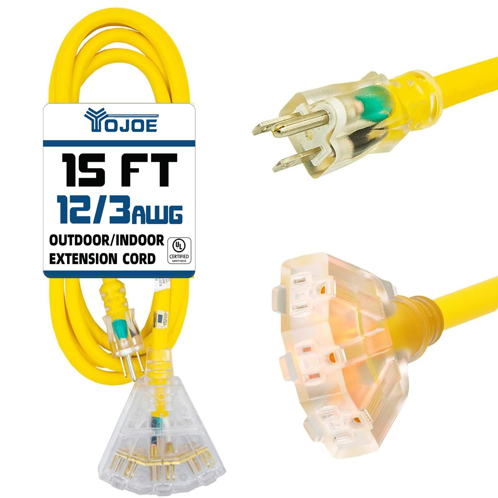 Yojoe 3 Outlets Indoor Outdoor Extension Cord With Lighted End, 3 Prong 15A Weatherproof Power Cord, 12 Gauge Heavy Duty 15 Ft Y