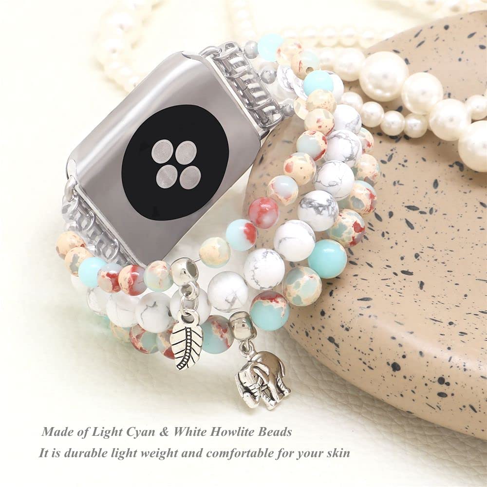 Kai Top Beaded Bracelet Compatible With Watch Band 38Mm/40Mm/41Mm For Women Girls, Turquoise & Pink Zebra Jasper Beaded Elastic