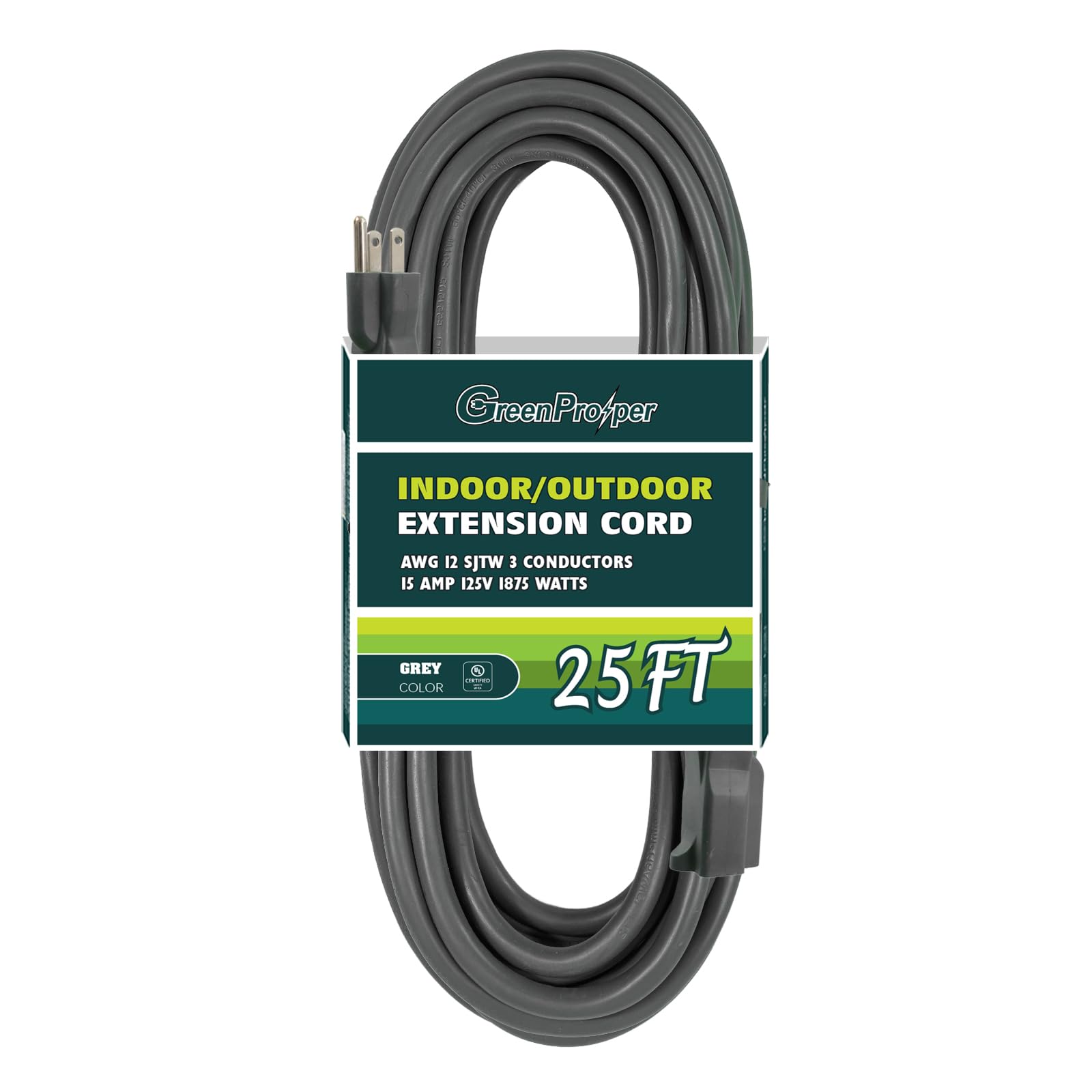 Greenprosper Outdoor Extension Cord   12/3 Sjtw Heavy Duty Grey Extension Cable With 3 Prong Grounded Plug   Power Cord For Lawn