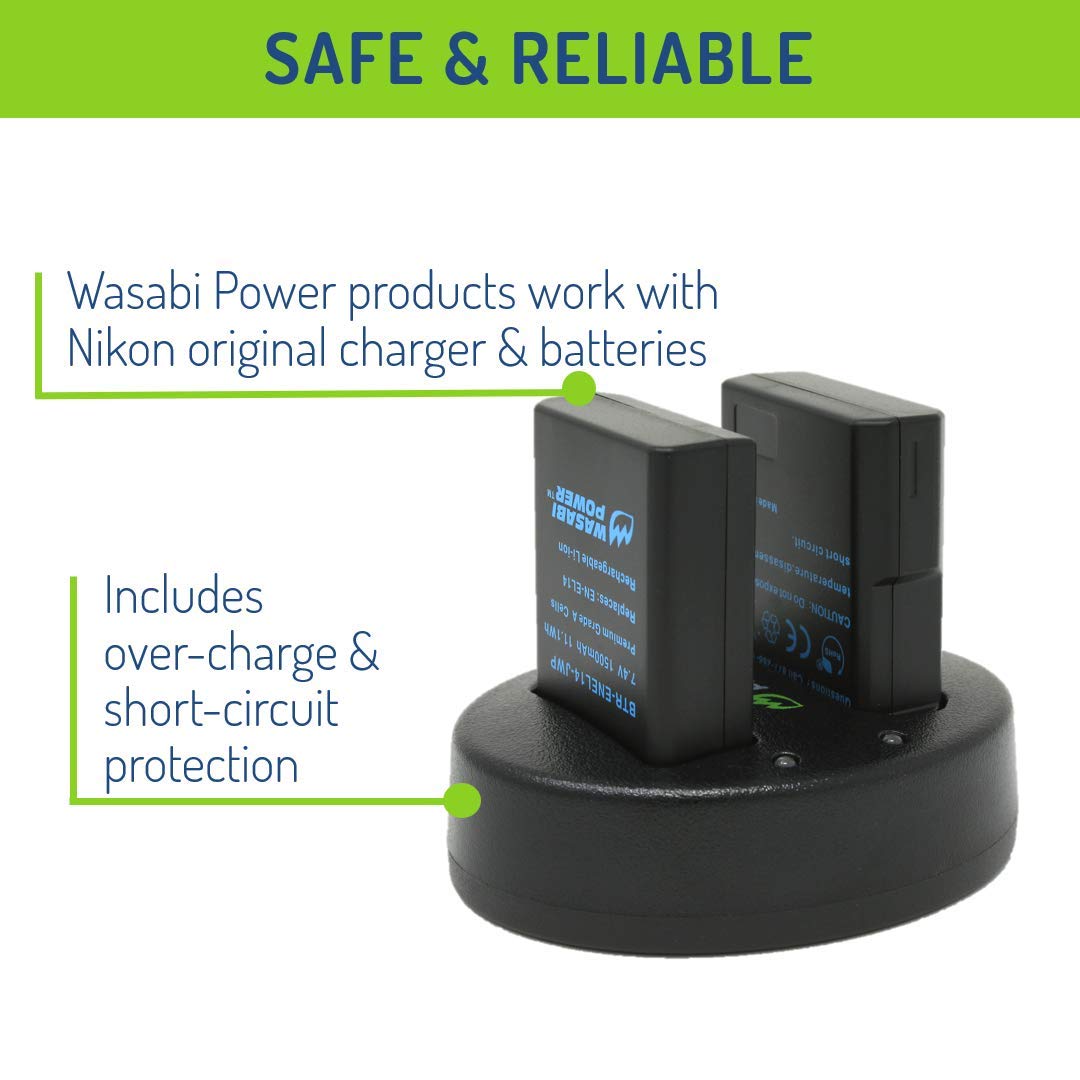 Wasabi Power Battery (2 Pack) & Dual Charger for Nikon EN EL14, EN EL14a & Nikon D3100, D3200, D3300, D3400, D3500, D5100, D5200, D5300, D5500, D5600, Df, Coolpix P7100, Coolpix P7700, Coolpix P7800