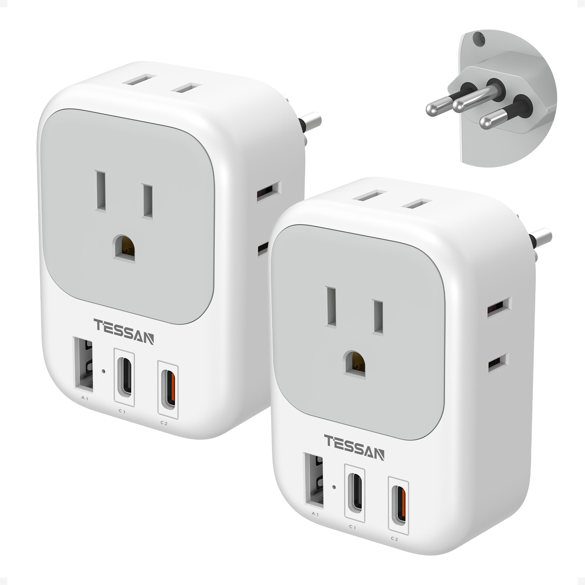 TESSAN Brazil Plug Adapter 2 Pack, 7 in 1 PD 20W Travel Adaptor with 4 Electrical Outlets and 3 USB Charger Ports (1 USB-A, 2 US