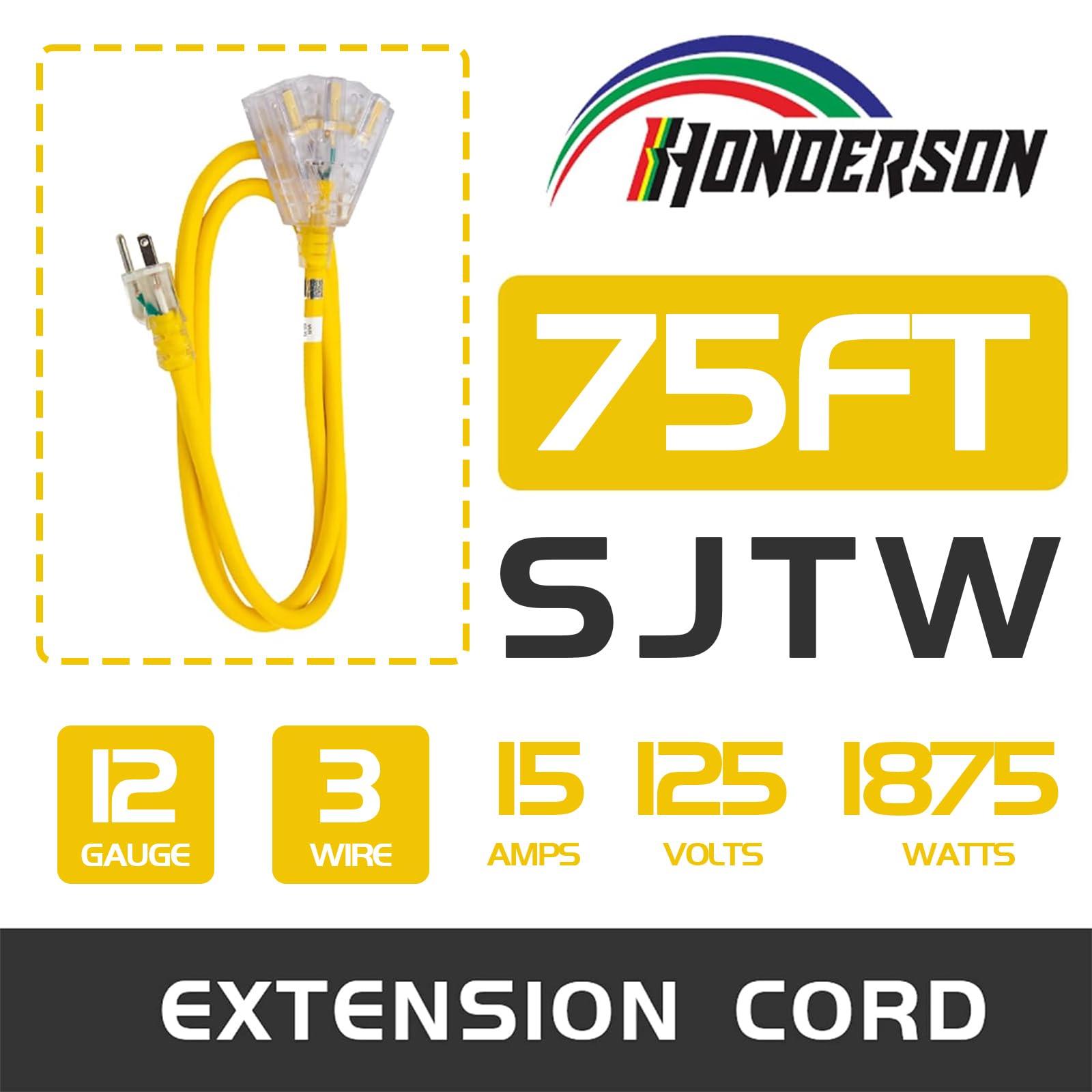Honderson 3 Outlets Indoor Outdoor Extension Cord Weatherproof With Lighted End, Ul Listed, 12 Gauge 75Ft Yellow 3 Prong Heavy D