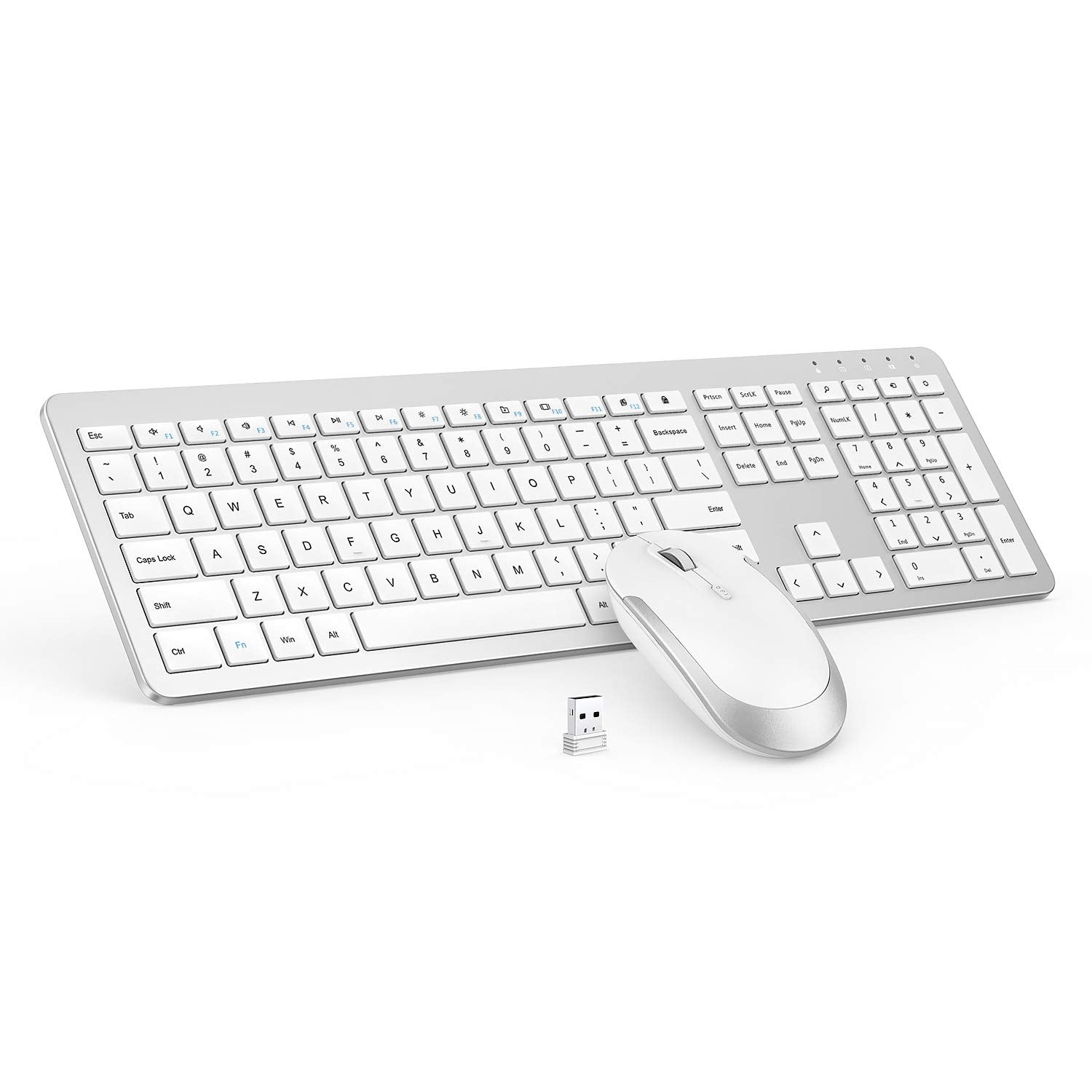 Wireless Keyboard And Mouse Combo   Full Size Slim Thin Wireless Keyboard Mouse With Numeric Keypad 2.4G Stable Connection Adjustable Dpi (White & Silver)
