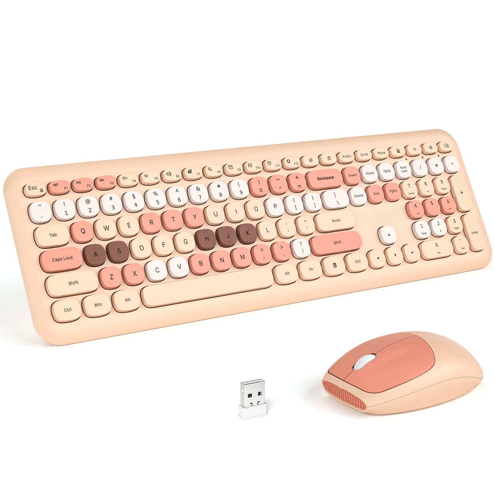 Knowsqt Wireless Keyboard And Mouse Combo, Pale Milktea Full Sized 2.4G Silent Keycap Colorful Keyboards, Usb Dongle Plug Play, 
