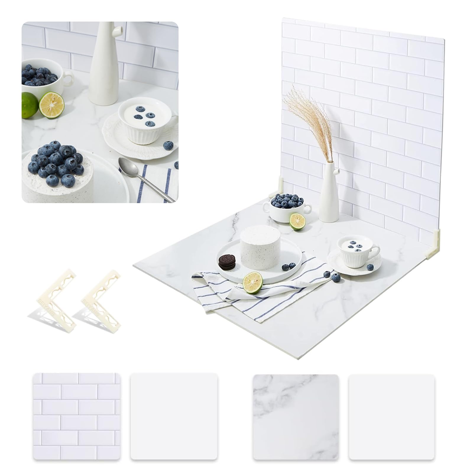 2 Pcs Boards Photo Backdrop For Flat Lay, Food Photography Background 24X24 Inch, White Marble Subway Tile Tabletop Backdrop Boa