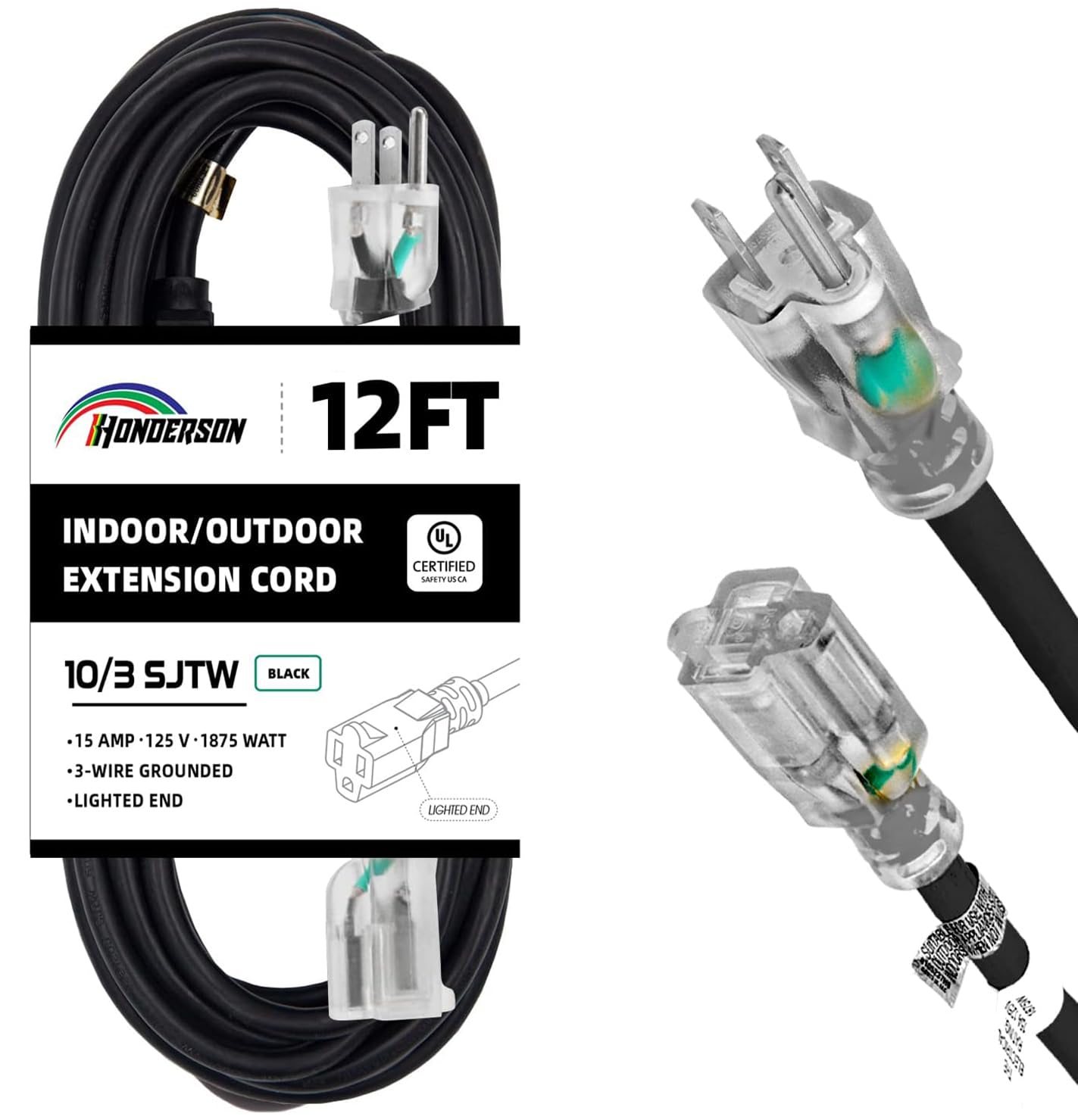 Honderson Indoor Outdoor Extension Cord Weatherproof With Lighted End, Ul Listed, 10 Gauge 12Ft Black 3 Prong Heavy Duty Extensi