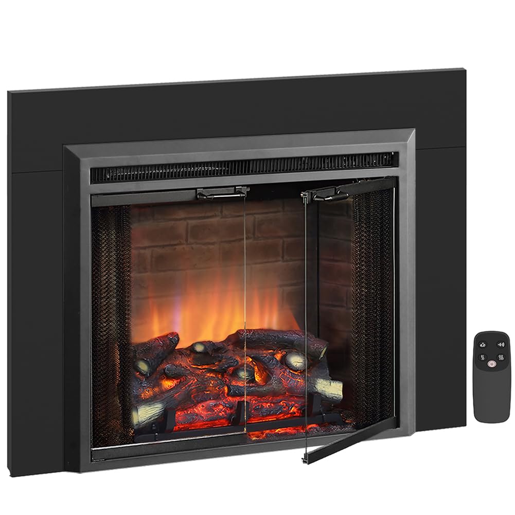 Puraflame Klaus 26    Electric Fireplace Insert With Trim Kit, Fire Crackling Sound, Resin Log, Glass Door And Mesh Screen, 750/