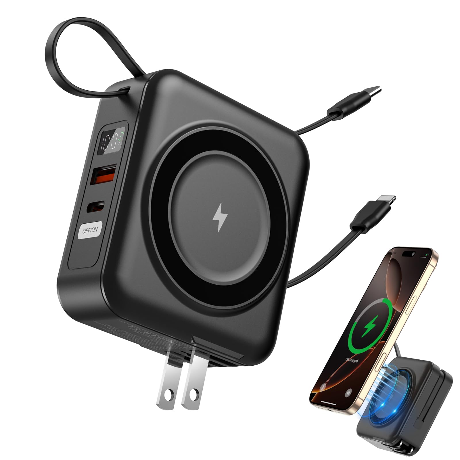 Magnetic Portable Charger with Builtin Cables and AC Wall Plug, 10000mAh for Magsafe Wireless Power Bank 22.5W TypeC in & Out 
