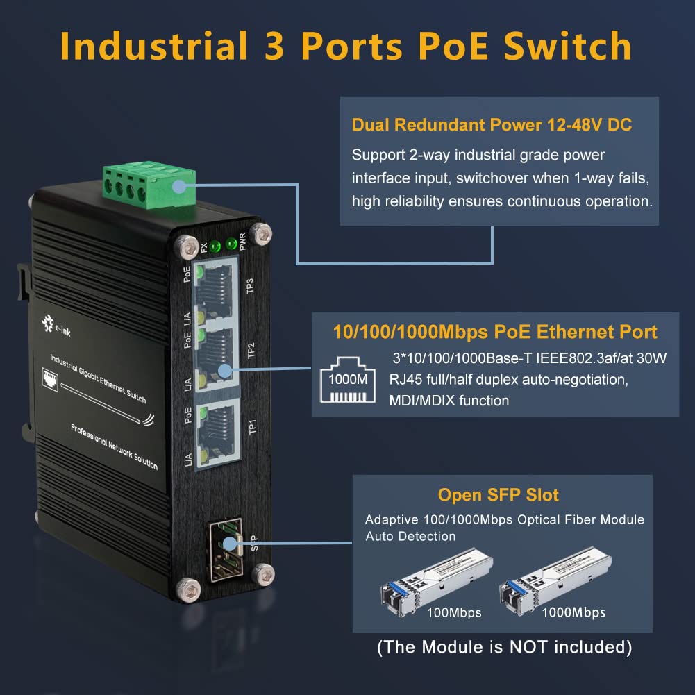 Throncom Industrial Gigabit 3 Ports Poe Ethernet Switch Poe+ Fiber Switch With 100/1000M Adaptive Sfp Slot Din Rail Unmanaged 10