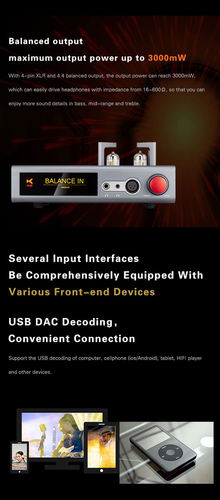 Xduoo Ta 22 Dac&Tube Balance Headphone Amplifier Es9038Q2M*2 Usb Dsd256 32Bit/384Khz Hd Bluetooth Dac Amp