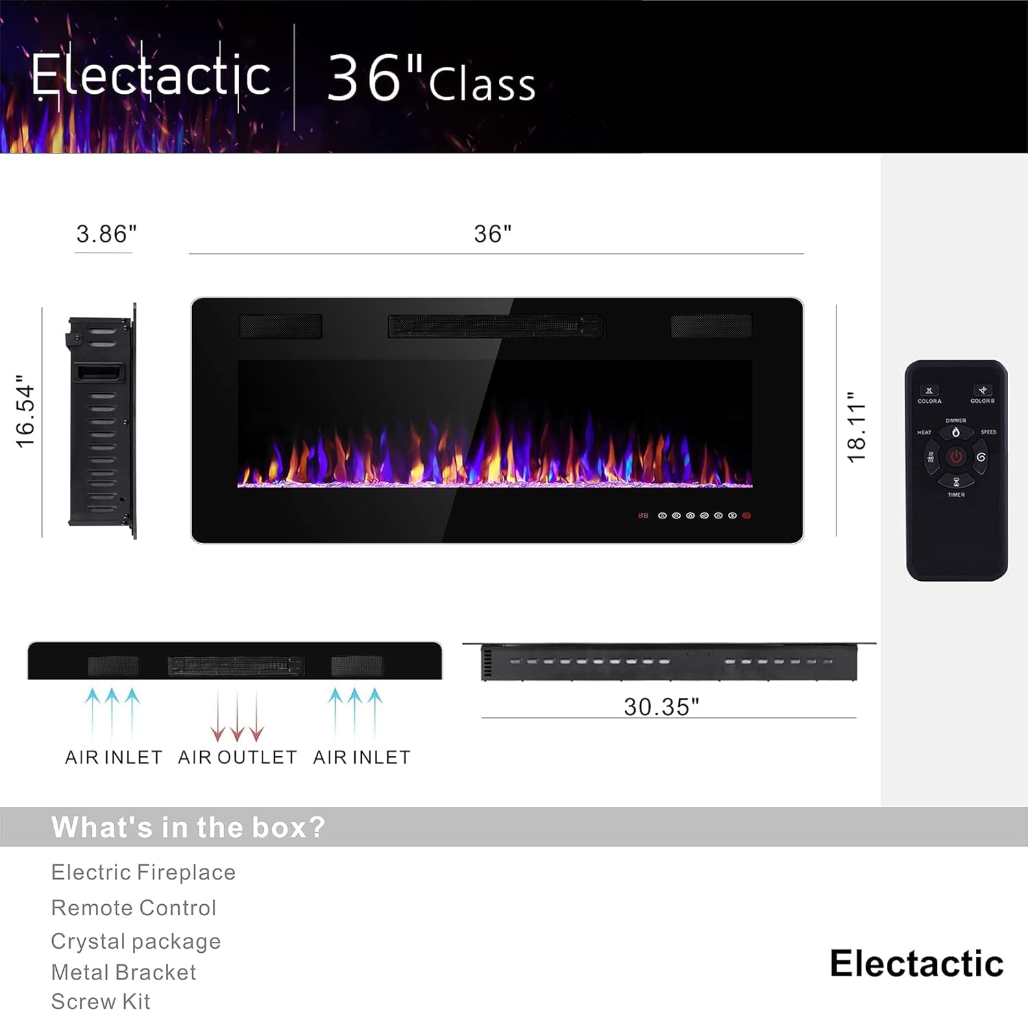 Electactic 36 Inch Electric Fireplace Insert Ultra-Thin - Recessed & Wall-Mounted Fireplace Heater With Thermostat, Adjustable F