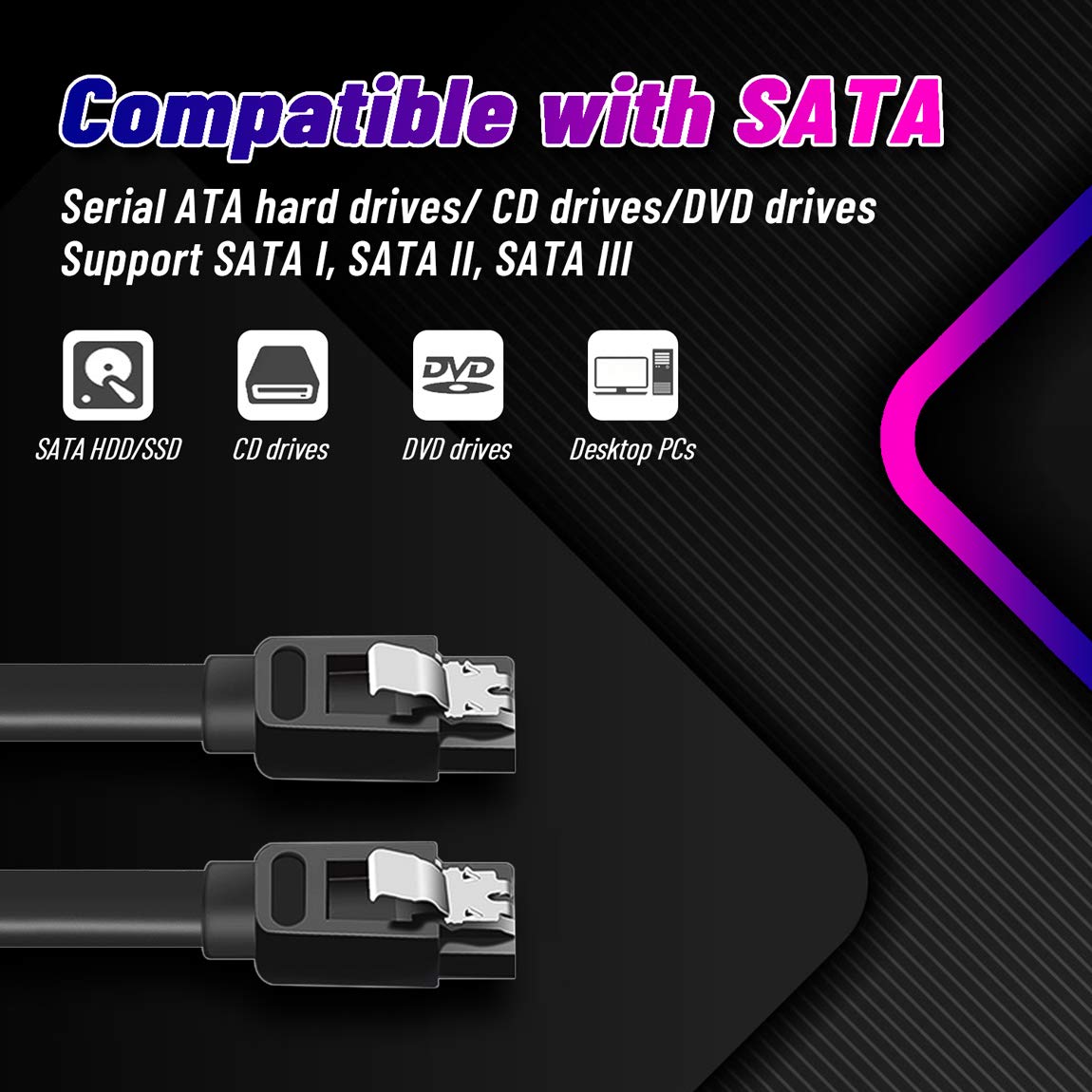 Sata Cables Iii, Ssd Data Cable 6.0 Gbps And Sata Power Splitter Cable 4 Pin To Dual 15 Pin Hard Drive Connection Cables Compatible With Sata Connectors, Hdd, Ssd, Cd Driver, Cd Writer, 6 Pack (Black)