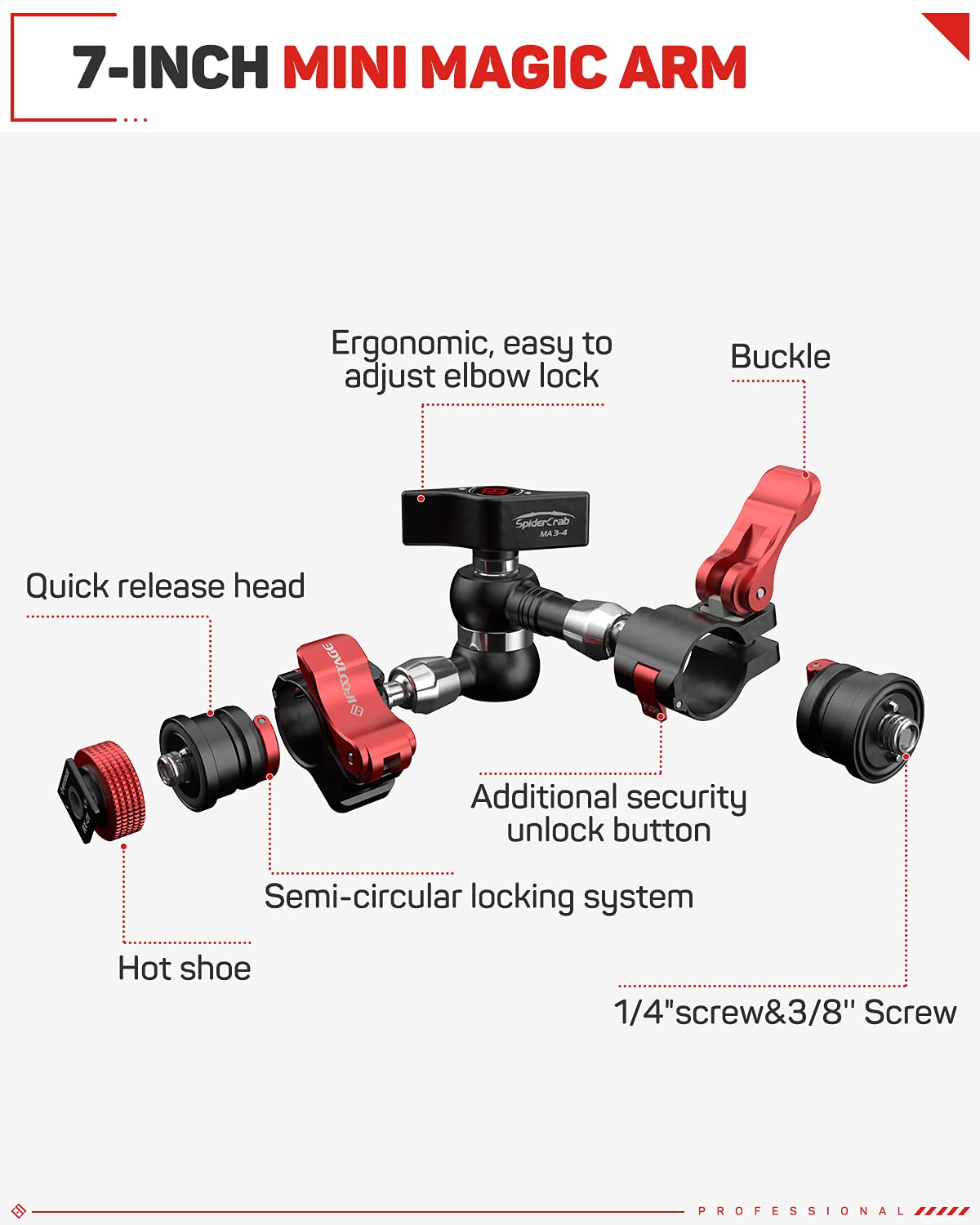 Ifootage Magic Arm Clamp W/ 1/4'' And 3/8'' Thread And 7 Inches Adjustable Friction Power Articulating Magic Arm With 1/4'' And