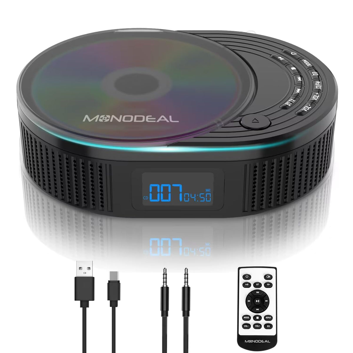 Monodeal Boombox Cd Player With Bluetooth Transmitter, Fm Radio & Bluetooth Speaker 2 In 1 Combo, Portable For Car/Home With Remote Control, Headphone Jack, Support Aux/Usb