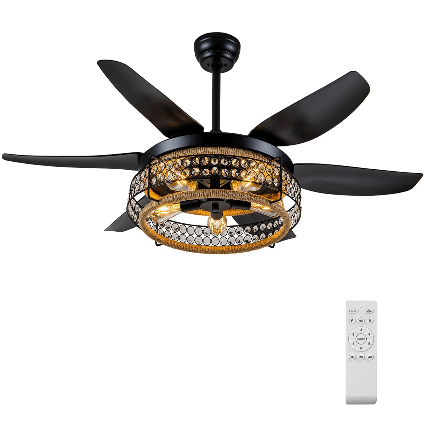 Oiotwo 51 Inch Ceiling Fan With Light Remote Control, Farmhouse Style Lampshade With K9 Crystal Attached, 6 Speed Reversible, Su
