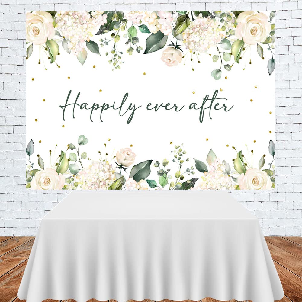 Lofaris Happily Ever After Backdrop For Wedding White Floral Green Leaves Gold Dots Photography Background Bridal Shower Wedding
