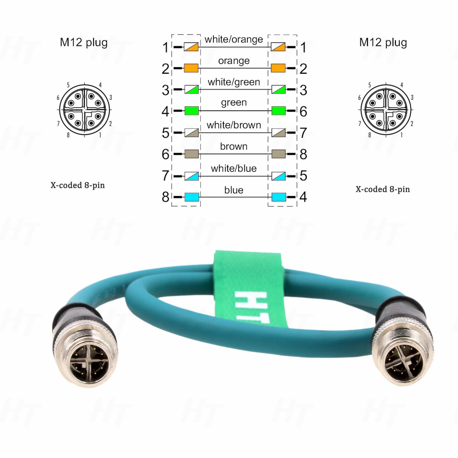Hangton M12 8 Pin X Coded To 8 Pole X Coding Gigabit Ethernet Cat7E Cable For Cognex Industrial Sensor Camera 50Cm
