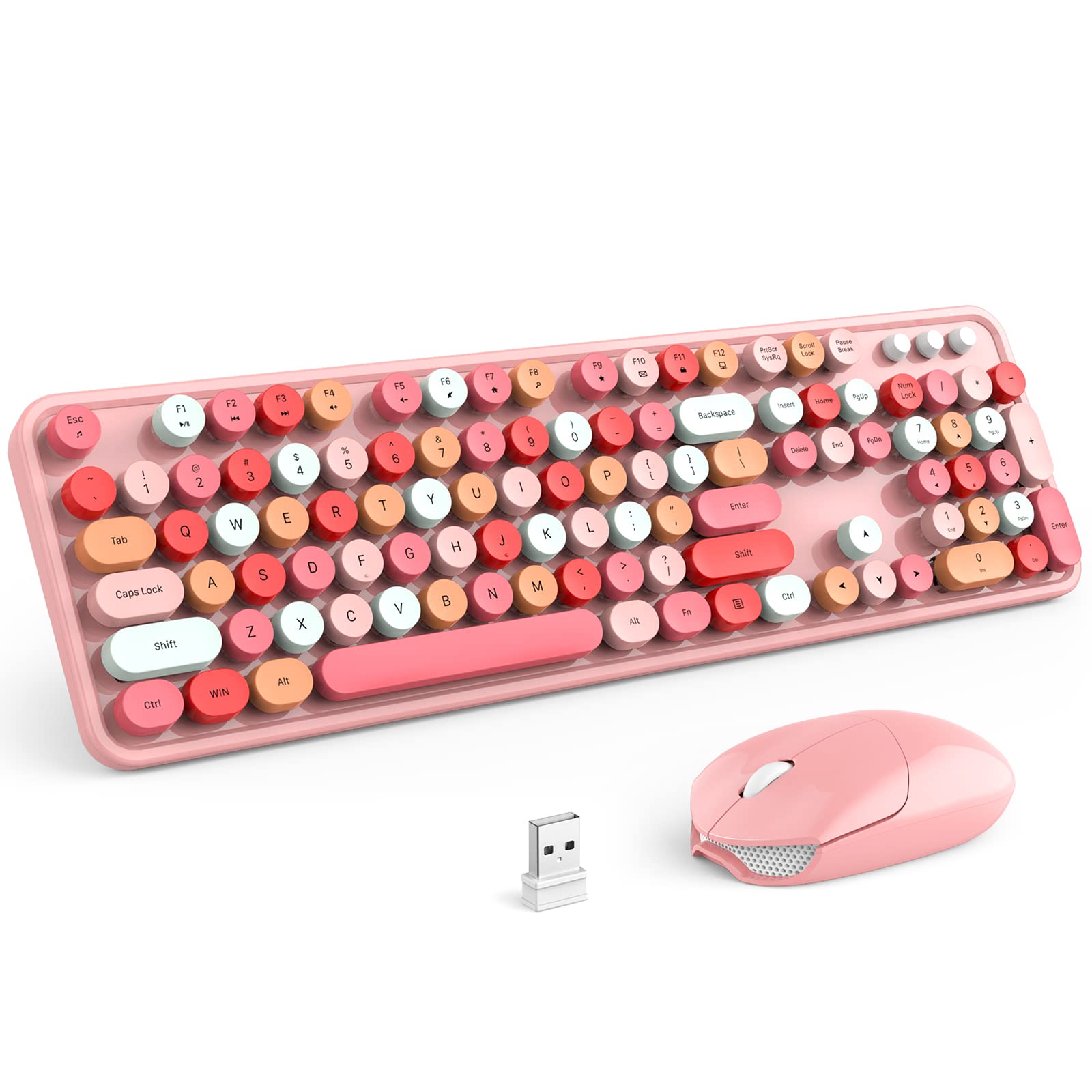 Knowsqt Wireless Keyboard And Mouse Combo, Pink 104 Keys Full Sized 2.4 Ghz Round Keycap Colorful Keyboards, Usb Receiver Plug A