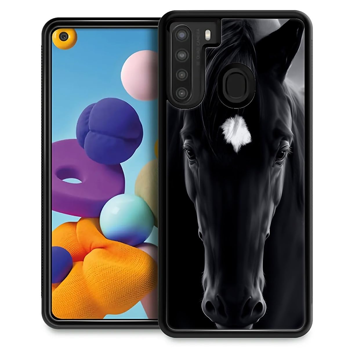 Fkbrcl4U For Samsung Galaxy A21 Case, Cool Black Horse Face Pattern Graphic Design Girl Boy Soft Silicone Hard Acrylic Shock Pro
