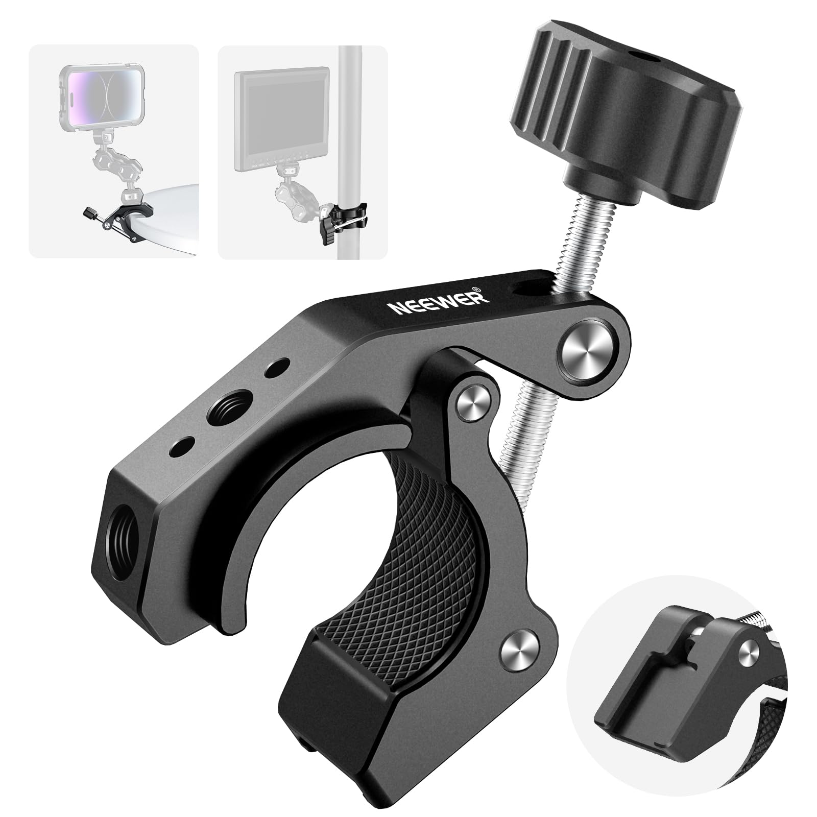 Neewer Super Clamp With Cold Shoe And Threaded Holes 1/4'' 3/8'', Max Load 2Kg, Crab Shaped Clamp Holder For Most Photography Ac