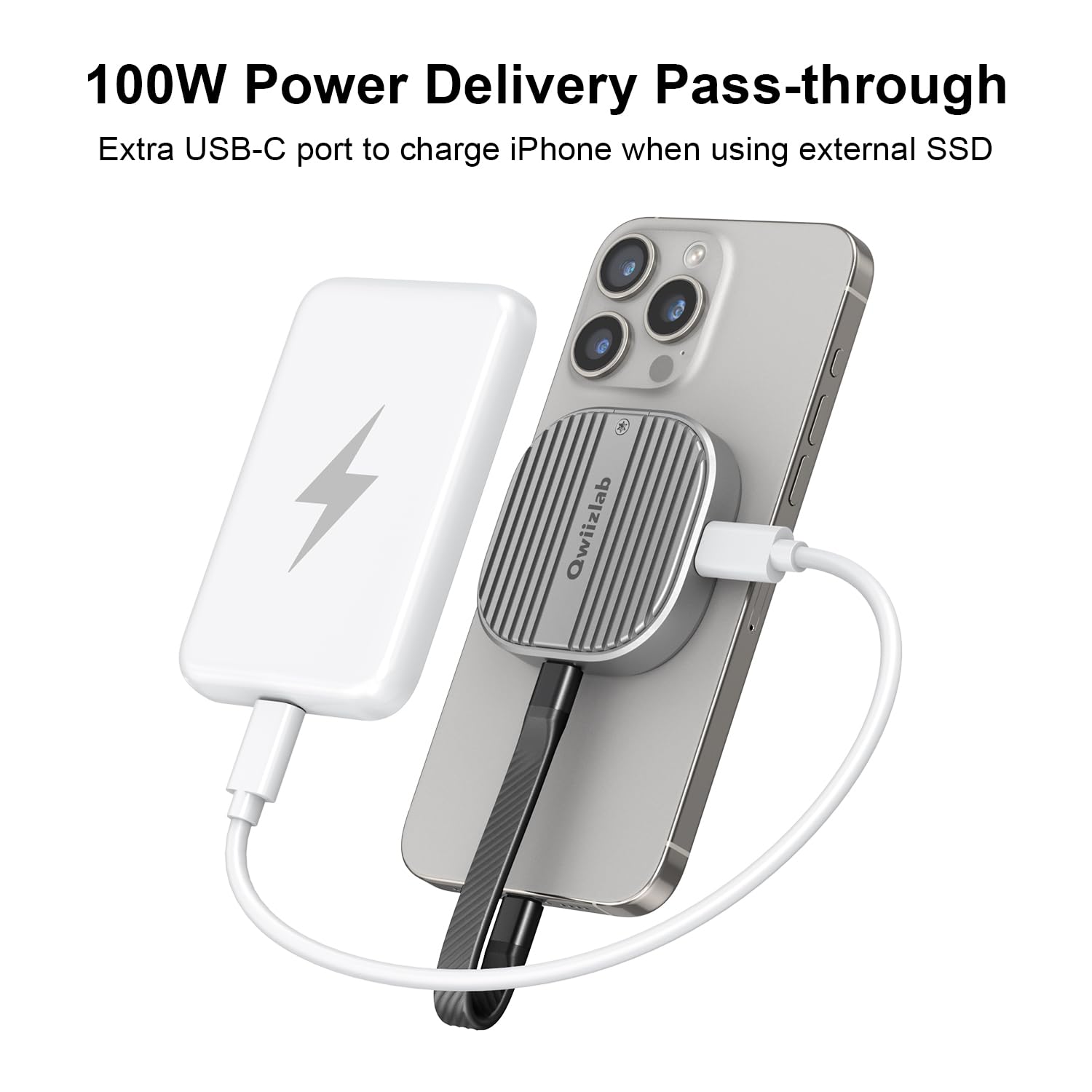 Qwiizlab Magnetic 2230 Nvme Ssd Enclosure, Magsafe For Iphone 16/15 Pro Max Prores, 10Gbps Usb Type C, 100W Pd Charge, Fits Pcie