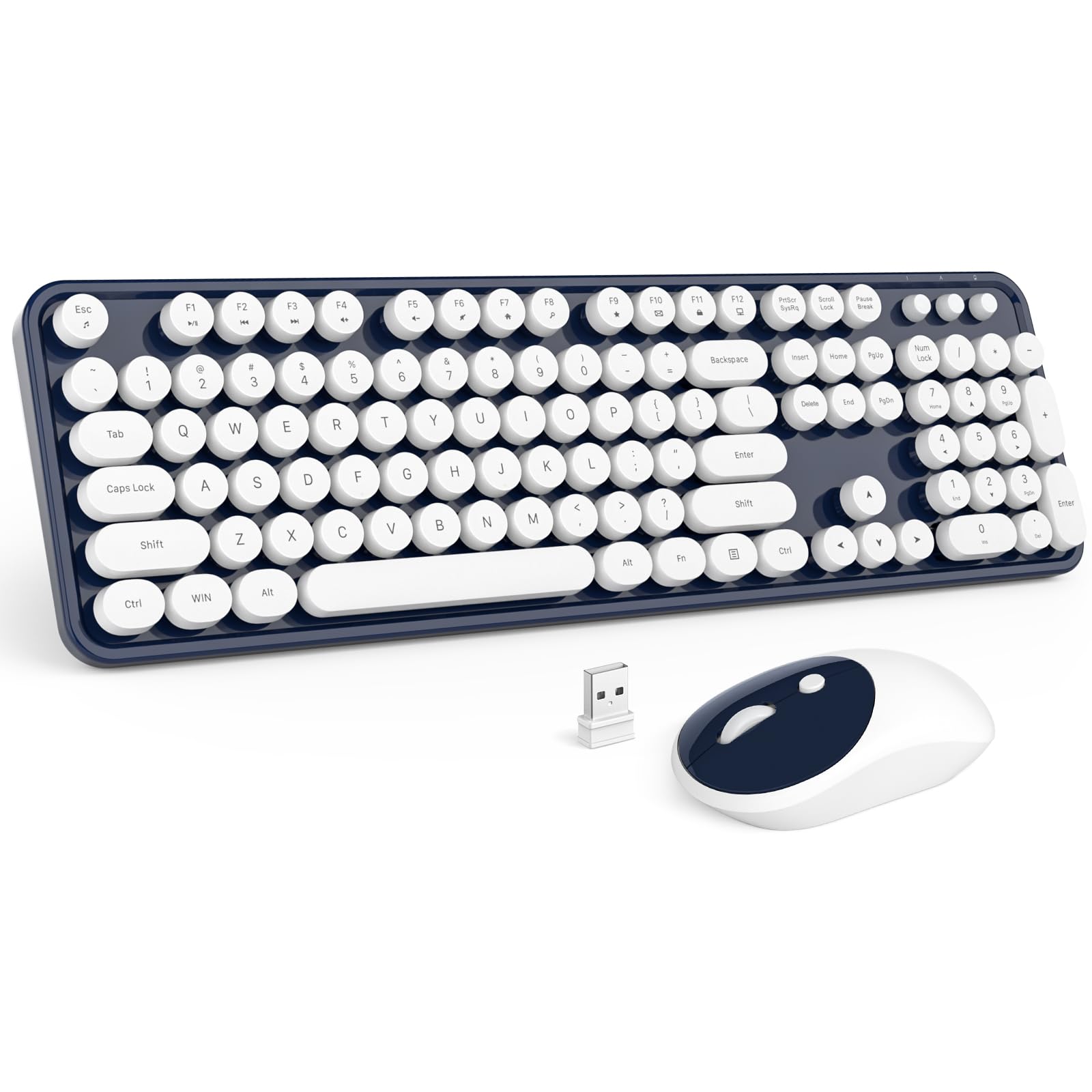 Mofii Wireless Keyboard And Mouse Combo, Dark Blue 2.4G Full Size Keyboard, Round Key Typewriter Keyboards And Cute Mice With 2