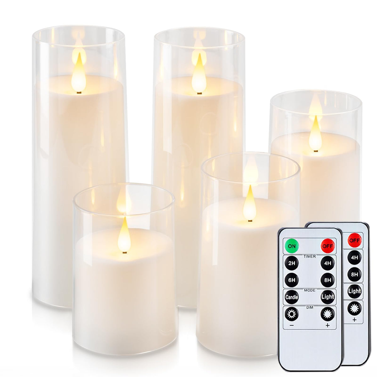 Raycare White Battery Operated Candles Flameless Candles With Timer And Remote, 5 Pcs Acrylic Flickering Led Pillar Candles For 