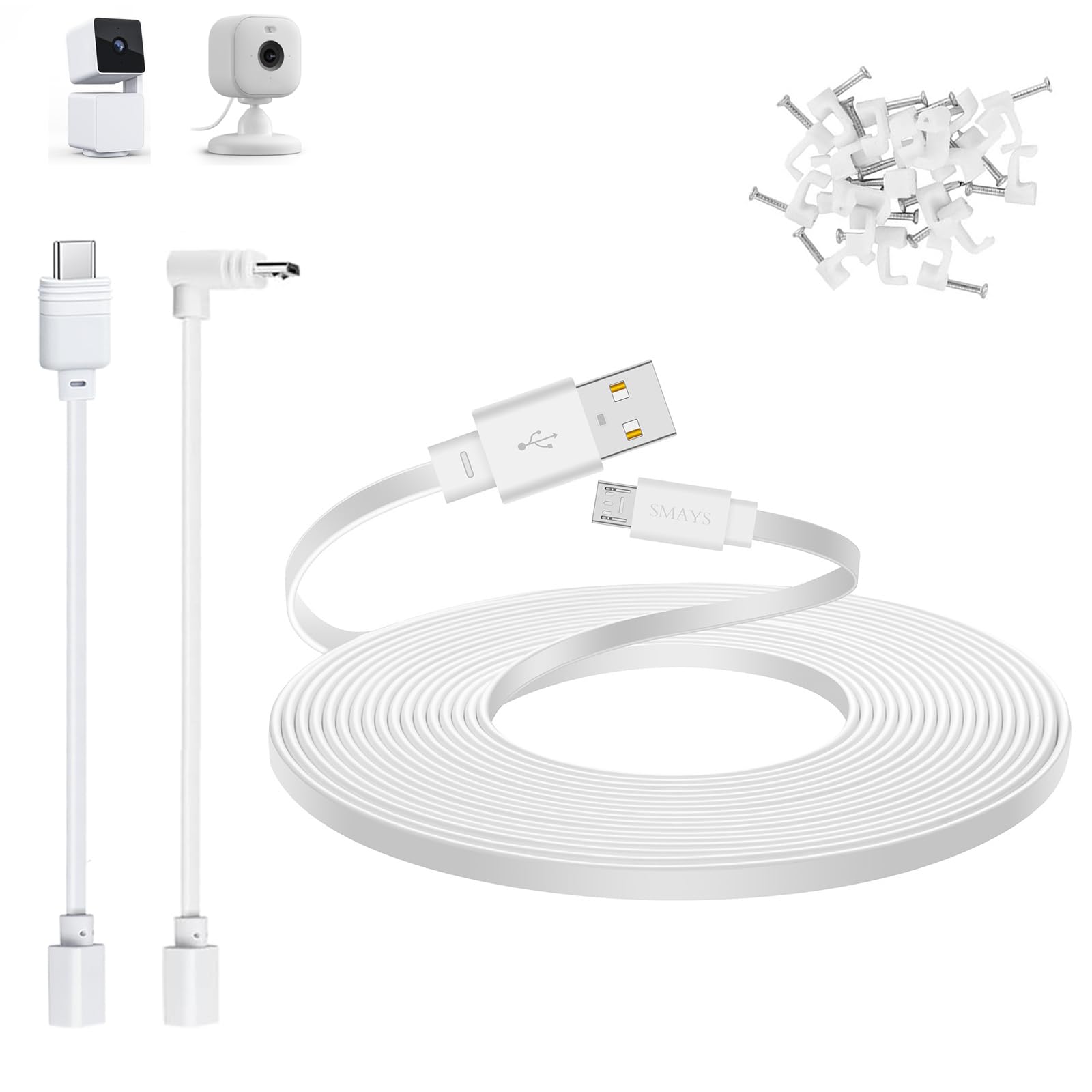 50 ft Extension Cable for WYZE Cam Pan v3, Cam v4, Micro USB Cord, White