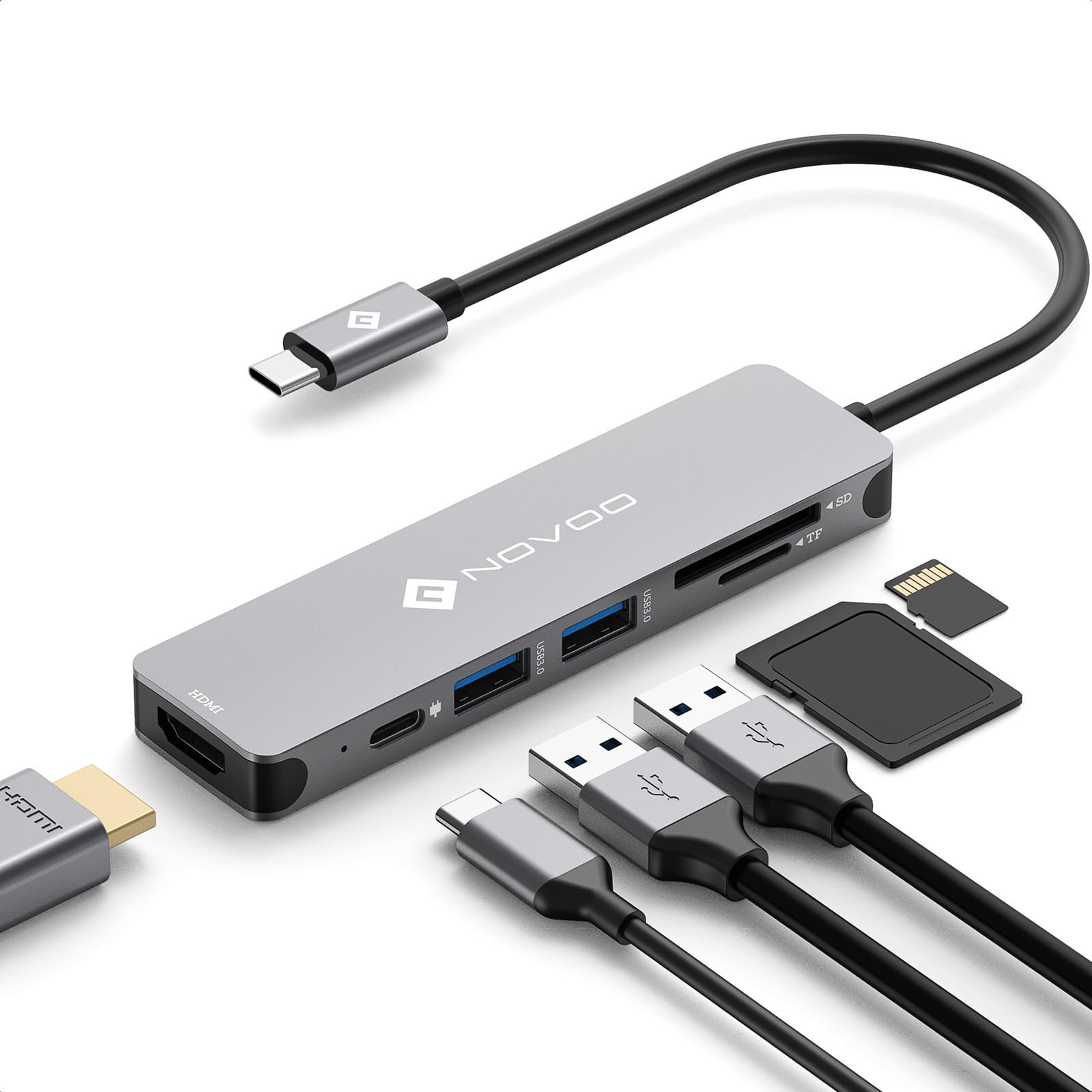 USB C Hub HDMI, MacBook Pro Adapters with 100W PD, NOVOO 6 in 1 Adapter 4K to HDMI, 2 USB 3.0 Ports and SD/TF Cards Reader for i