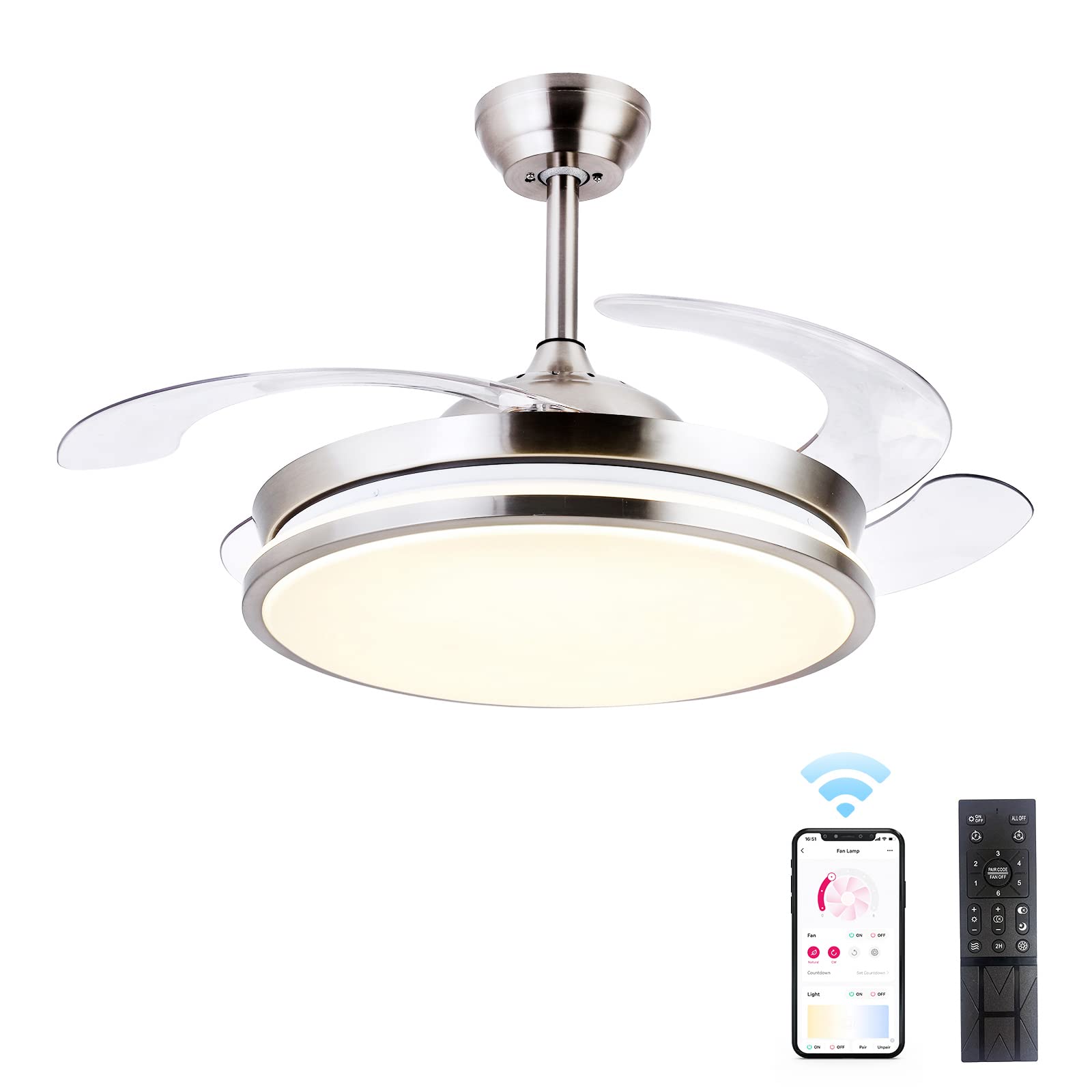STERREN Retractable Ceiling Fans with Lights,42 Inch Modern Low Profile Bladeless LED Ceiling Fan Lights with Remote Control Sma