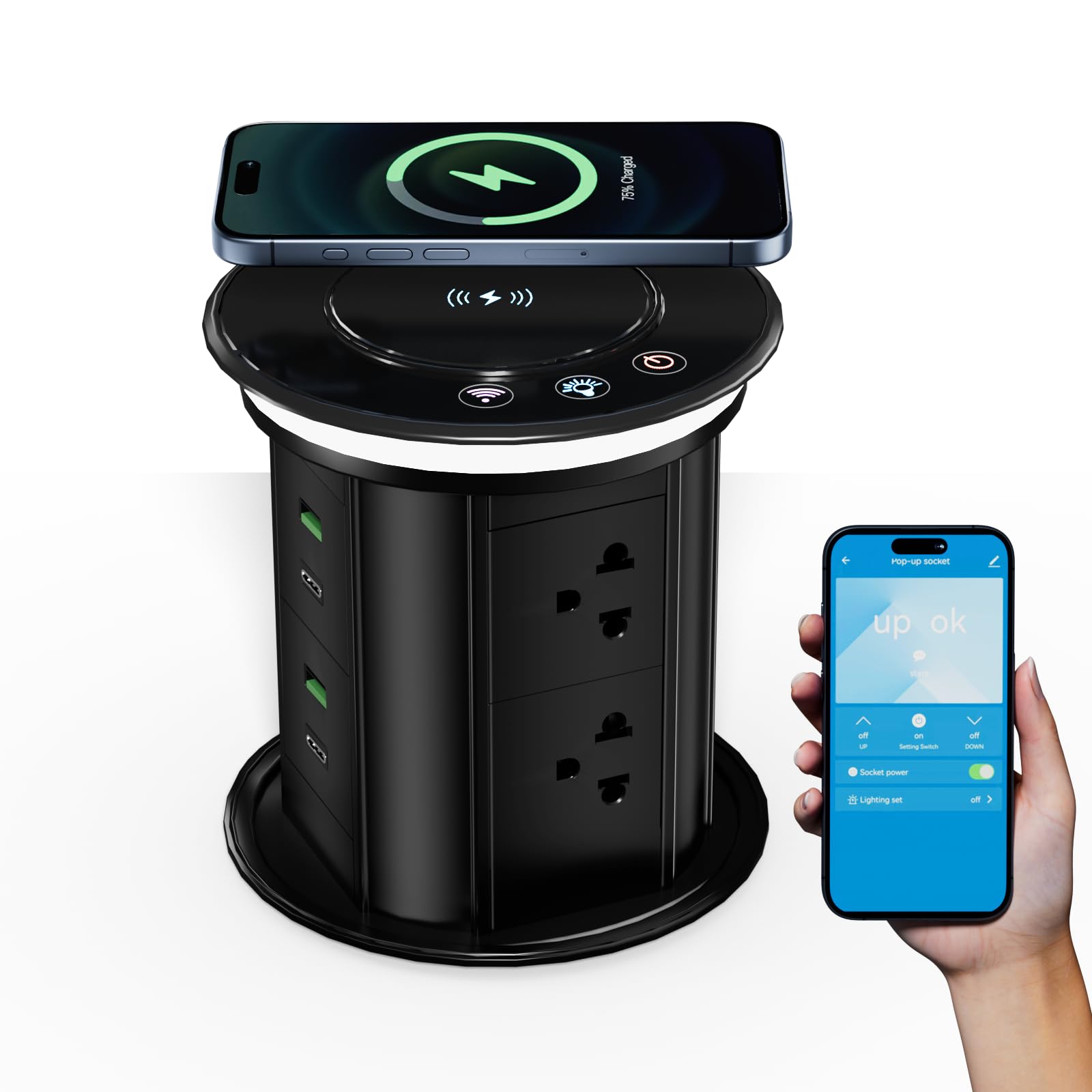 Pop Up Outlet For Countertop With Mobile App Remote Control,Pop Up Outlet With 15W Wireless Charger,Max 20W Power Delivery,Pop U