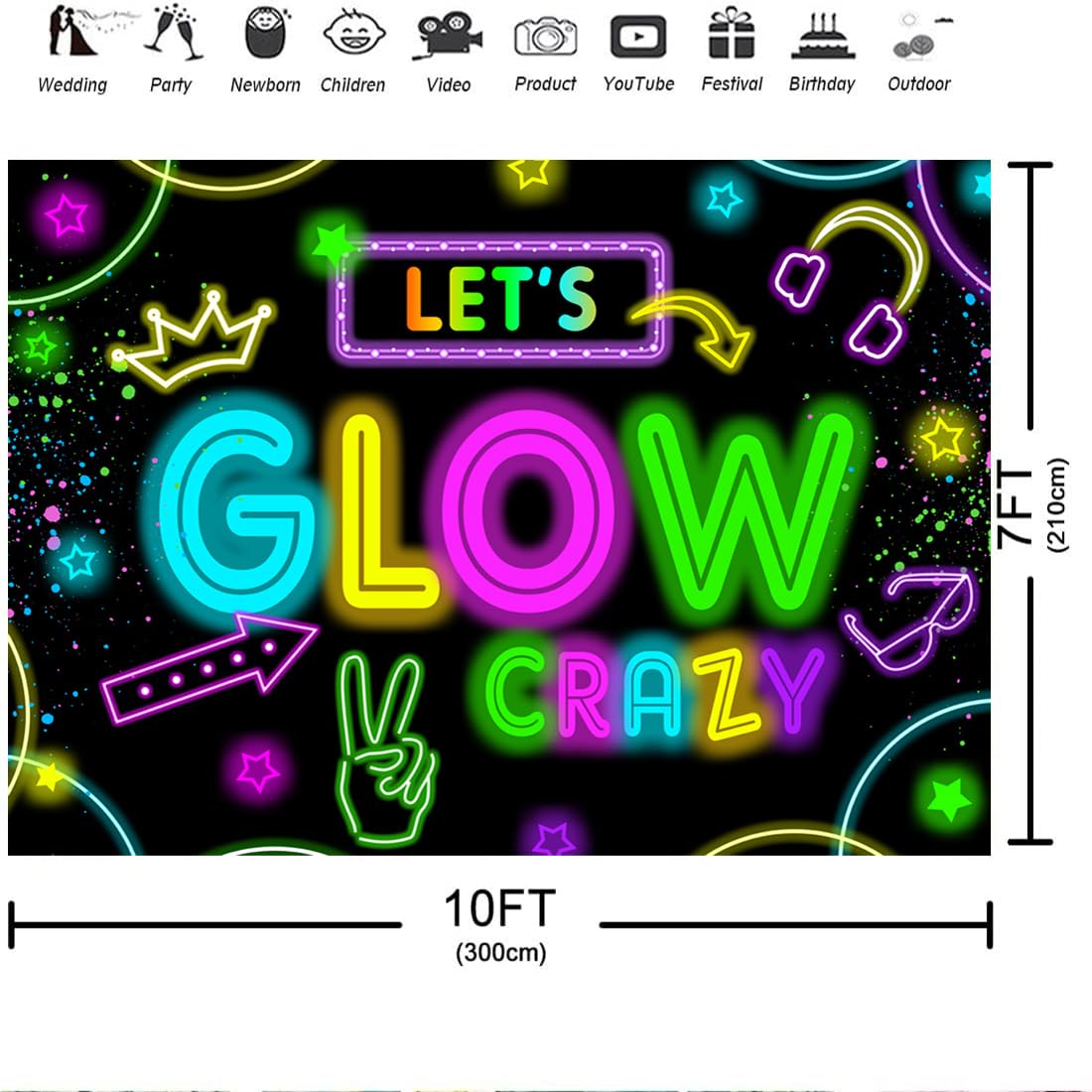 Wollmix Neon Glow Party Decorations Supplies Backdrop 10X7Ft Glow In The Dark Lets Glow Banner Photography Background Birthday S