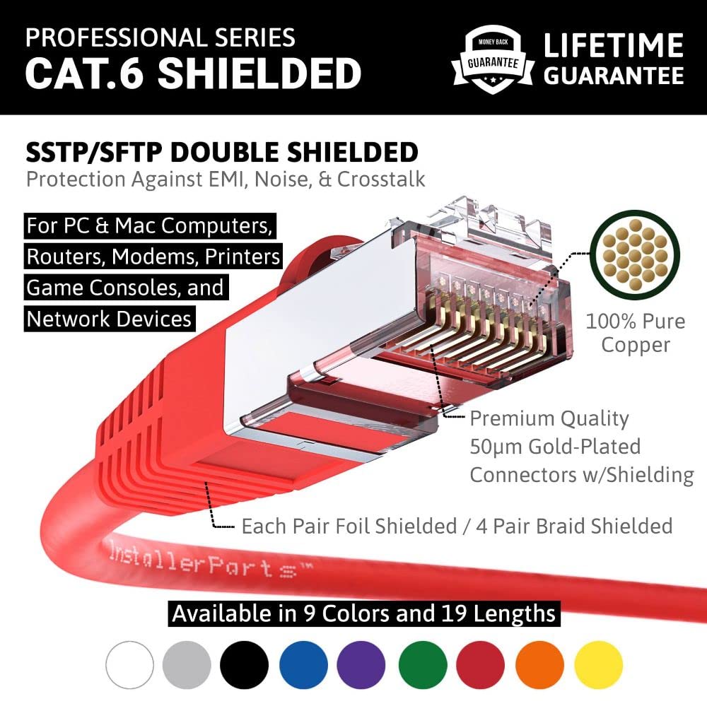 Installerparts (5 Pack Ethernet Cable Cat6 Cable Shielded (Sstp/Sftp) Booted 1 Ft   Red   Professional Series   10Gigabit/Sec Ne