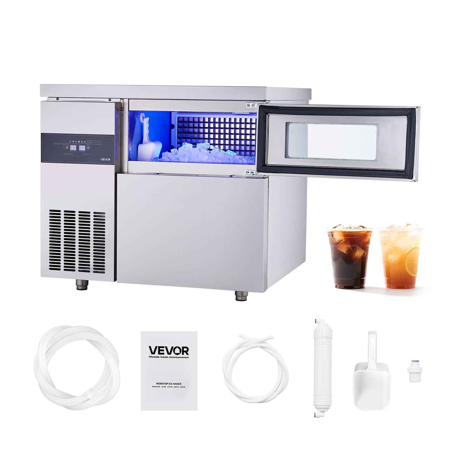 VEVOR Commercial Ice Maker Machine, 220 lbs/24H Stainless Steel Ice Machine with Worktop, 66 lbs Storage & 108 Cubes/Cycle, Self