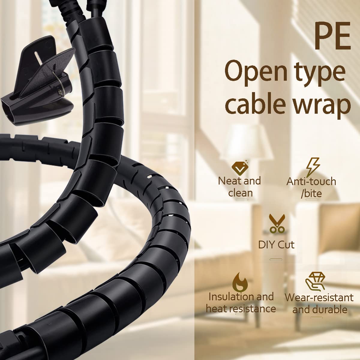 Fanoshon Black Computer Cable Management Sleeve Tube Under Desk Cord Organizer, 7/8 Inch  5 Ft Cover Wrap Easy To Install Messy