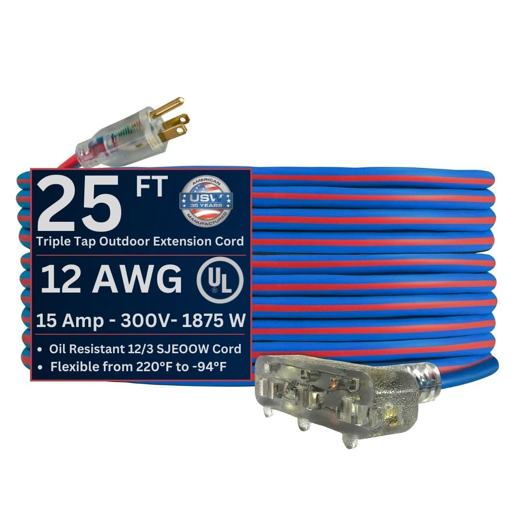 US Wire and Cable 12/3 Gauge x 25-Foot Extreme Cold Weather Triple Tap Extension Cord - Heavy-Duty, 221F to - 94F Rating, Lighte