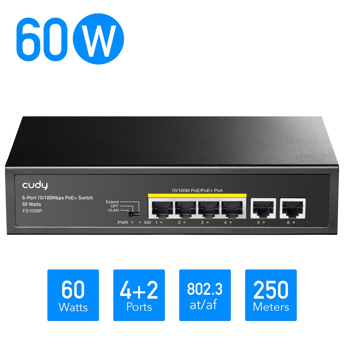 Cudy Fs1006P 6 Port 10/100M Poe Switch 60W, 4 Poe Ports, Cctv Mode (Transmit Distance To 250M At 10Mbps), Pd Detection,Fan Less,